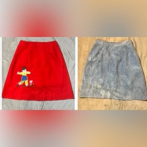 Vintage 70s Golf Skirt Lot Of 2 Red -Blue Appliqué Scarecrow Pockets Small Fall